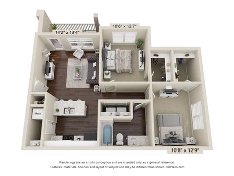 Floor plan for 2 beds, 1 bath, 900 sqft